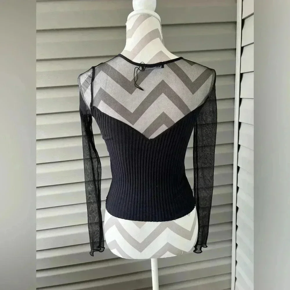 Zara BLACK MESH CONTRAST RIBBED MOCK NECK TOP Sz S